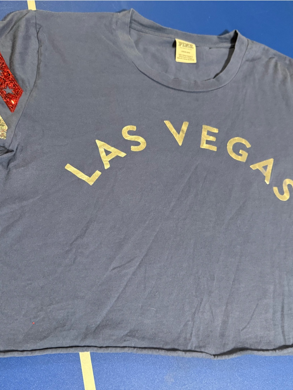 Las Vegas Navy Graphic Tee with Silver & Red Sequins Sleeves Pink Brand